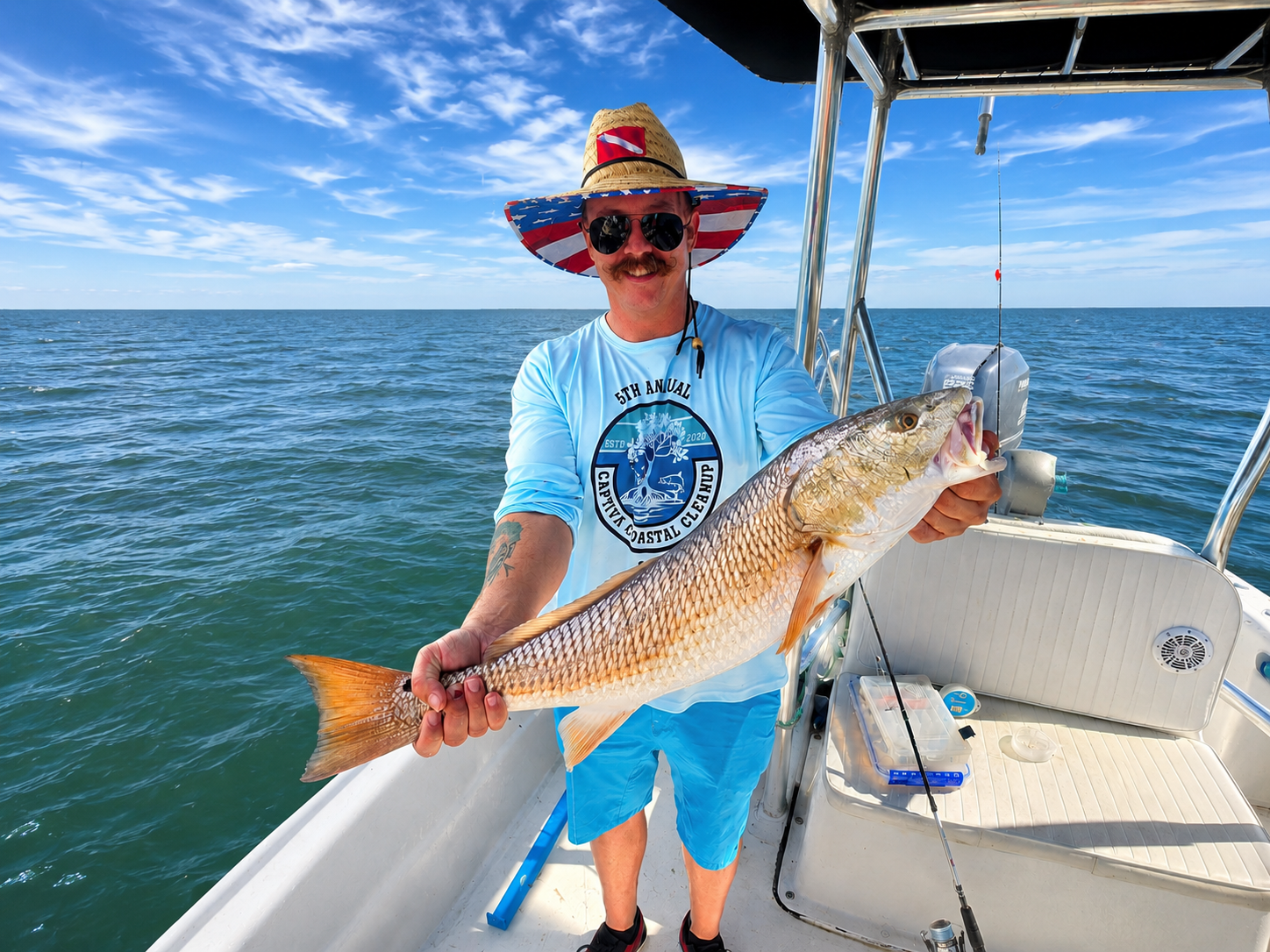 a man in a hat nearshore fort myers beach holding a beautiful redfish on board with luck o' the irish fishing charters