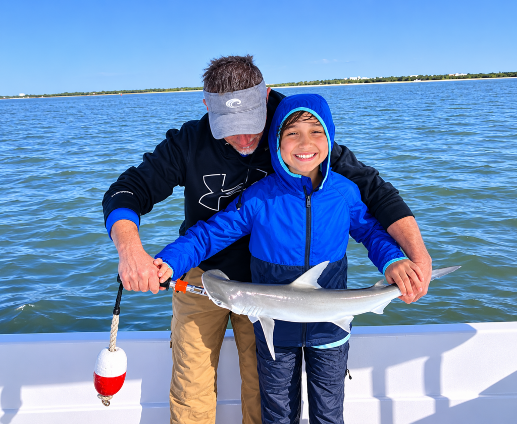 Captain Kenny helping a kid hold a bonnet head shark